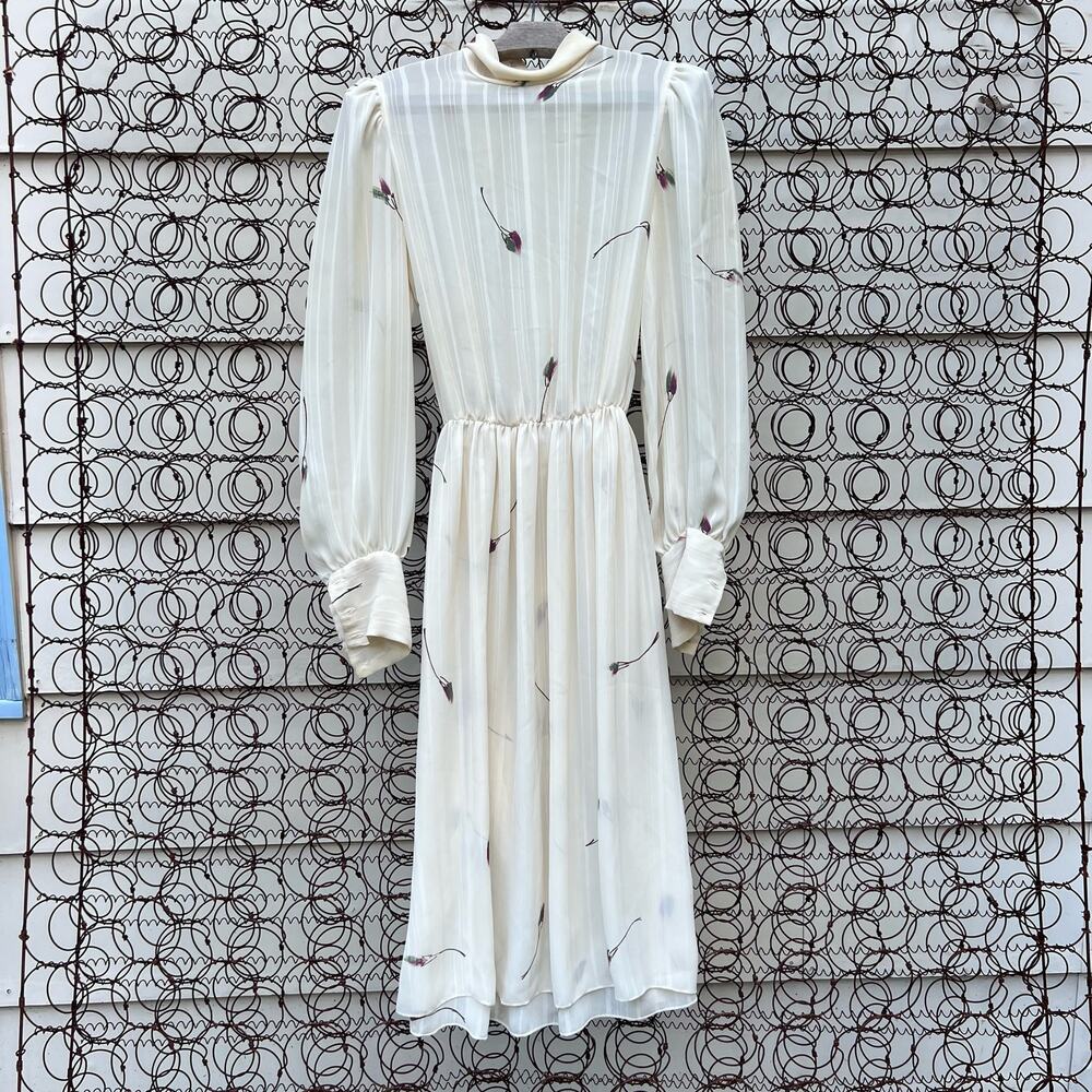 Vintage 70s Muy Watercolor Floral Sheer Slinky Drapey Long Sleeve Shirt Dress